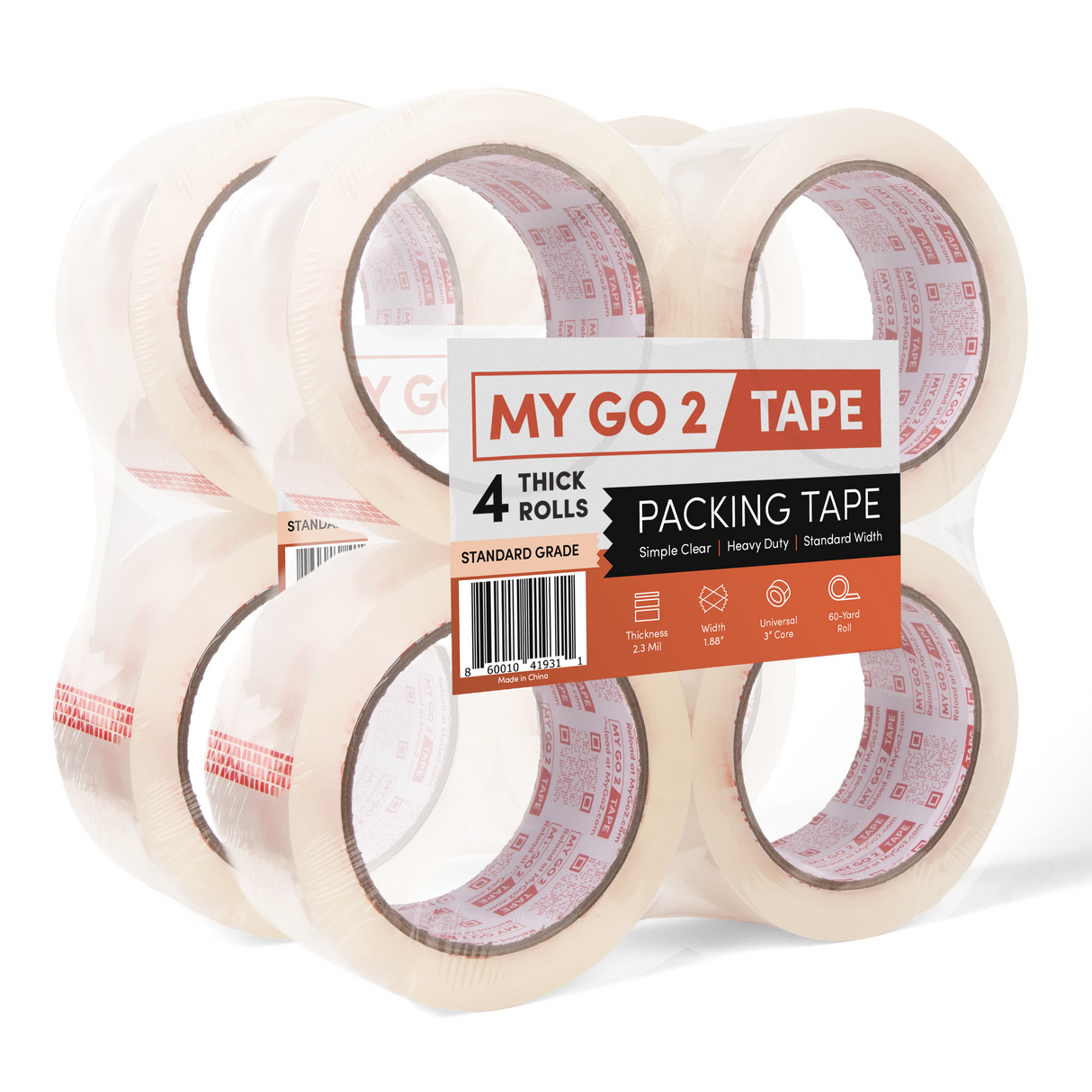 MY GO 2 Tape 8-Pack Clear Standard Grade Packing Tape - 2.3 Mil Thick, 1.88" Wide, 60 Yard Rolls